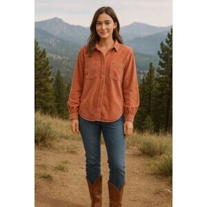 American Eagle Dusty Orange Corduroy Button-Up Shirt – Women’s M, Vintage Look